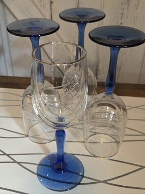 1980s Blue Libbey Crystal Postmodern Wine Glasses (4)